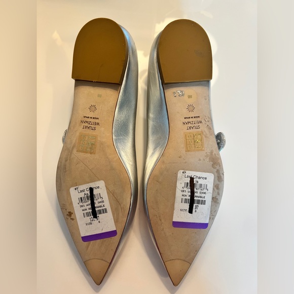 Stuart Weitzman Women's Pointed-Toe Leather Ballet Flats Silver - Medium - Picture 8 of 8